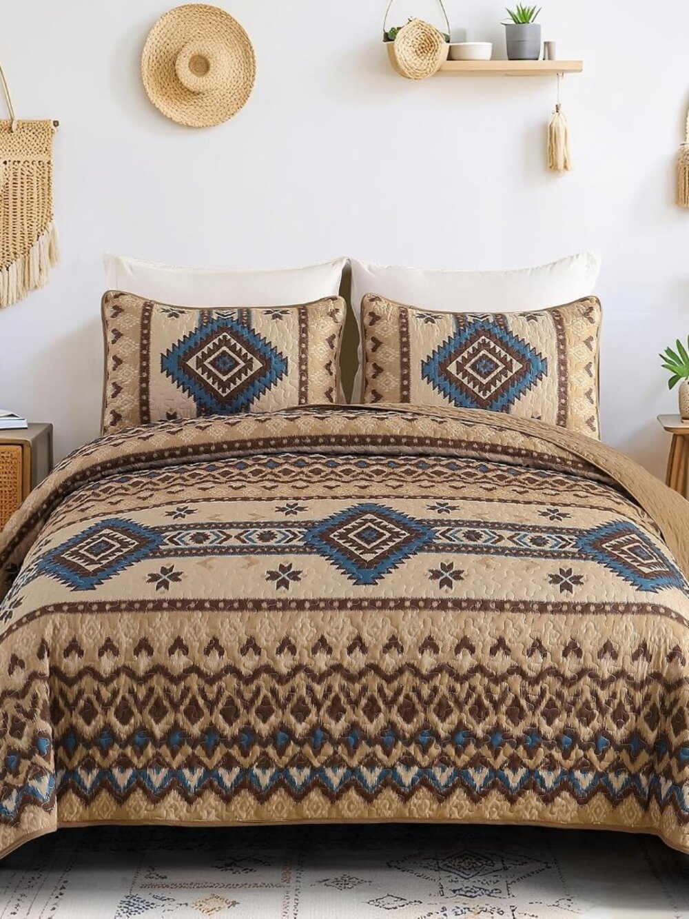 Aztec Quilt Set Queen, 3 Pieces Boho Southwestern Bedspread
